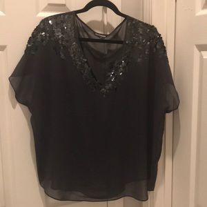 Charcoal Gray and Sequin V-Neck Blouse